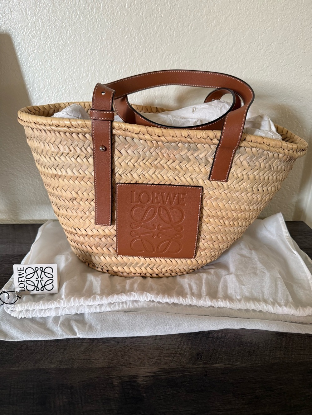 Loewe Natural Straw Tote with Brown Leather Trim and Logo Patch